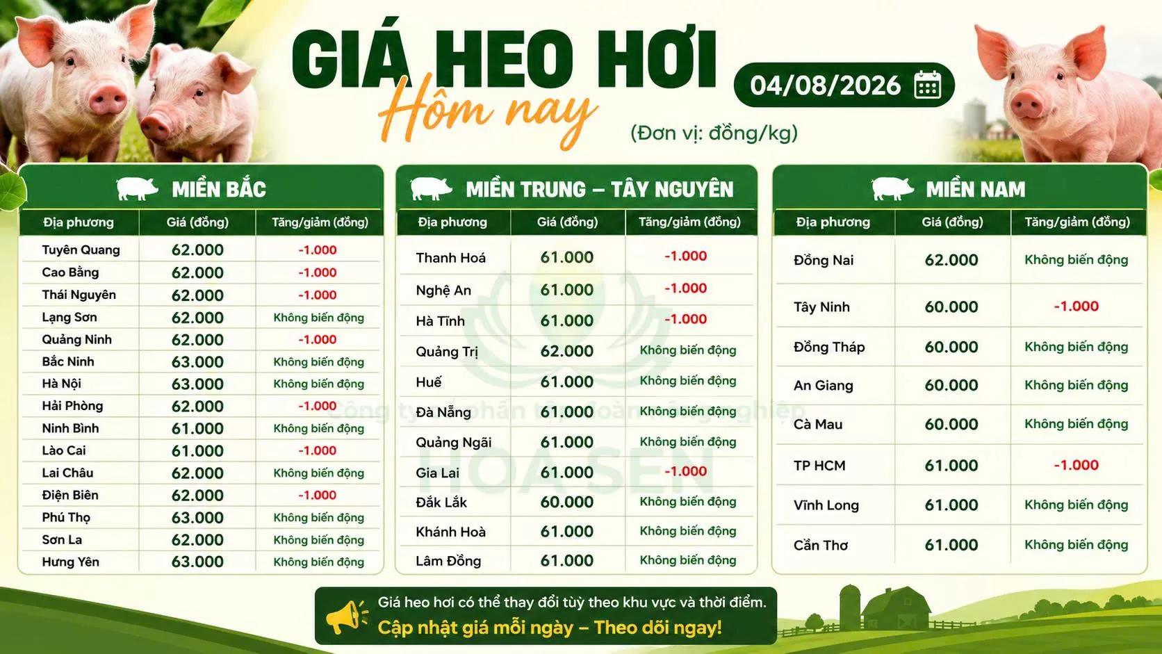 Giá Heo hôm nay : 04/08/2026
